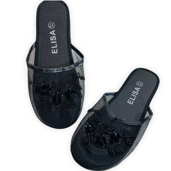 Vintage Sequin Mesh Slides Chinese Beaded Slippers with Floral Embellishments - Picture 5 of 6